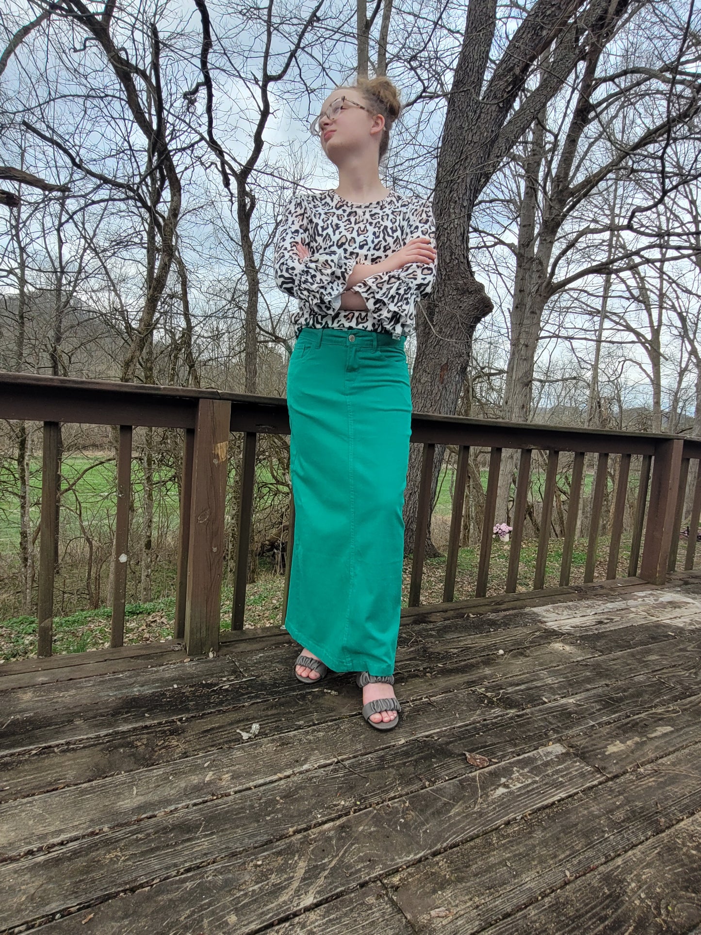 Ladies Green Long Denim Skirt
