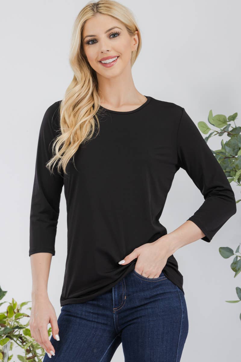 BLACK WRINKLE FREE LAYERING TOP WITH 3/4 SLEEVES