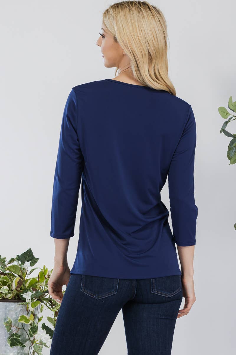 NAVY WRINKLE FREE LAYERING TOP WITH 3/4 SLEEVES