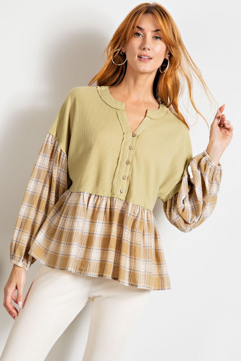 Sage Plaid Boho Top