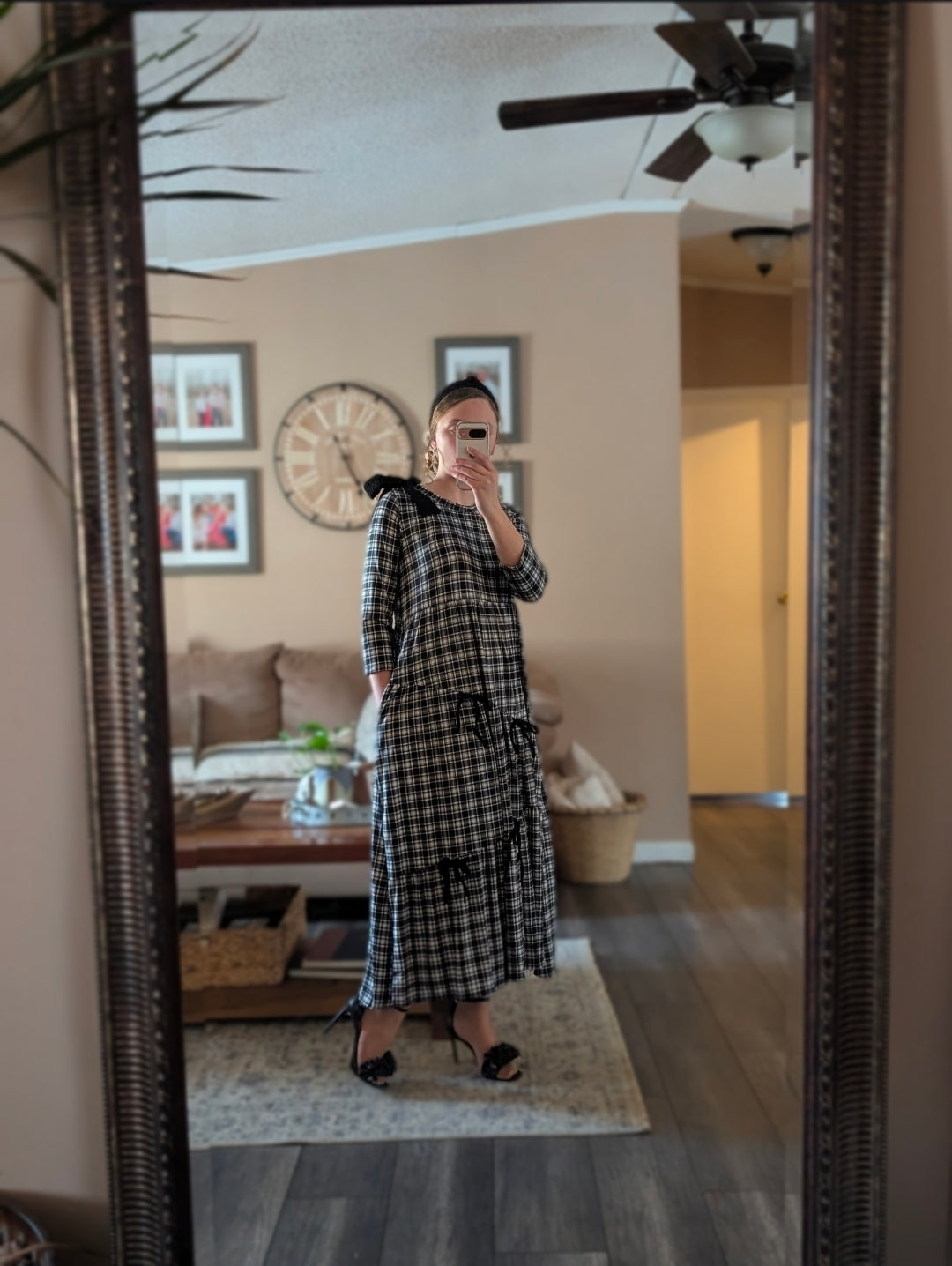 Black Women's Modest Empire Tiered Midi Dress with Bow Accent
