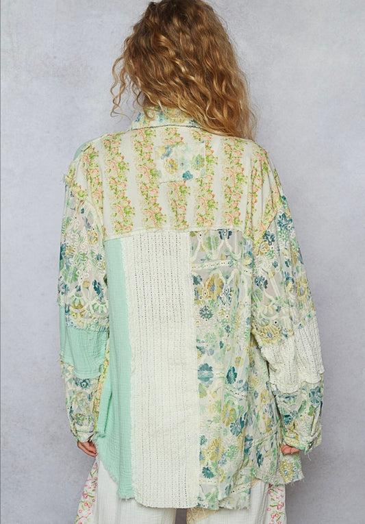 POL Mint Floral Lace Button Up Top