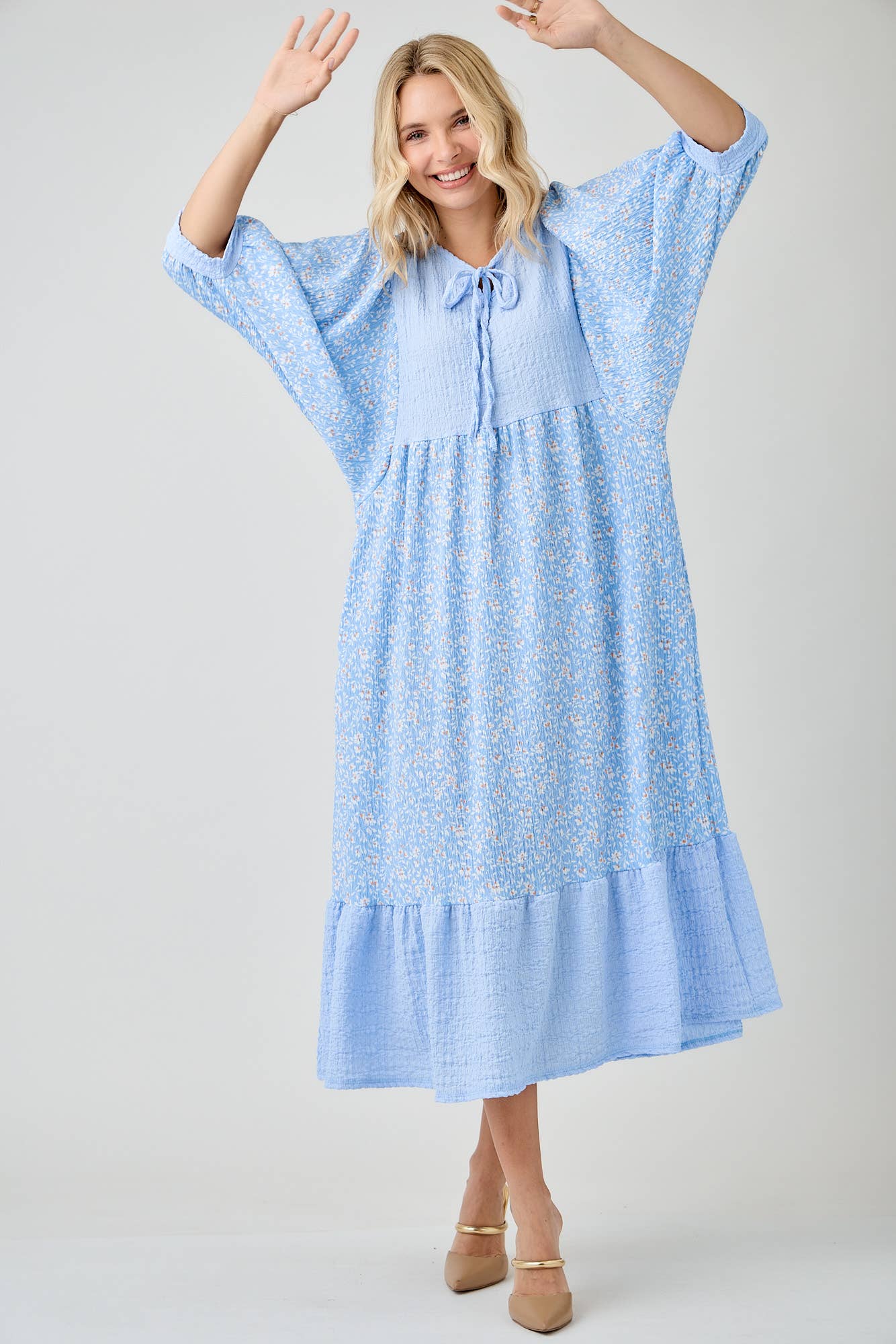 BLUE WOMEN'S FLORAL PRINT DRESSES WITH DOLMAN SLEEVES