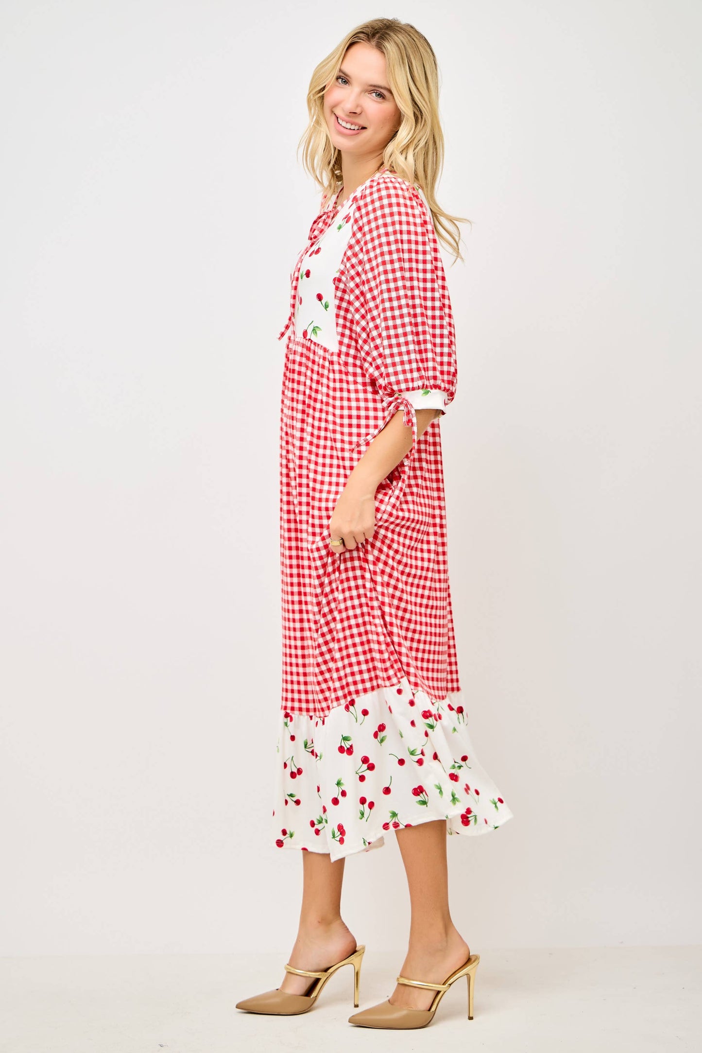 RED WOMEN'S PLUS SIZE GINGHAM CHERRY DRESS -DOLMAN SLEEVES: