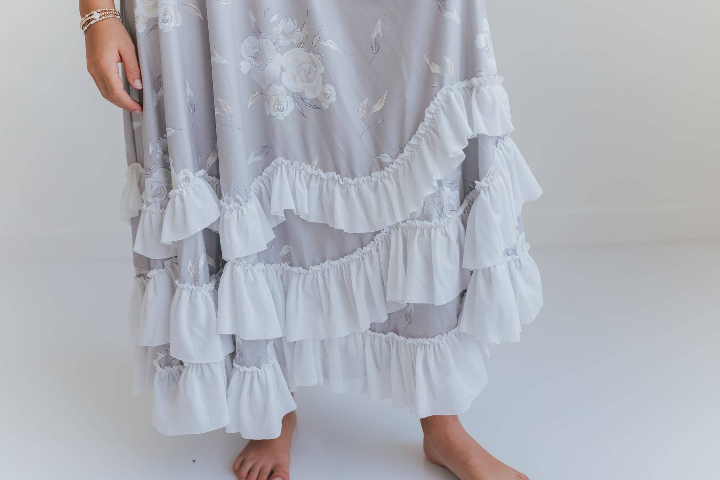 Girls Gray Rose Floral 3/4 Sleeve Ruffles Dress