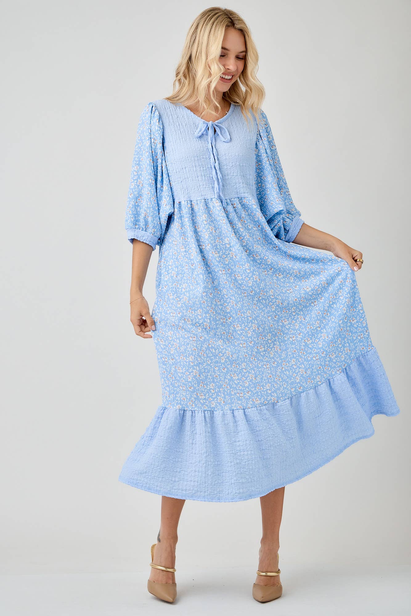 BLUE WOMEN'S FLORAL PRINT DRESSES WITH DOLMAN SLEEVES