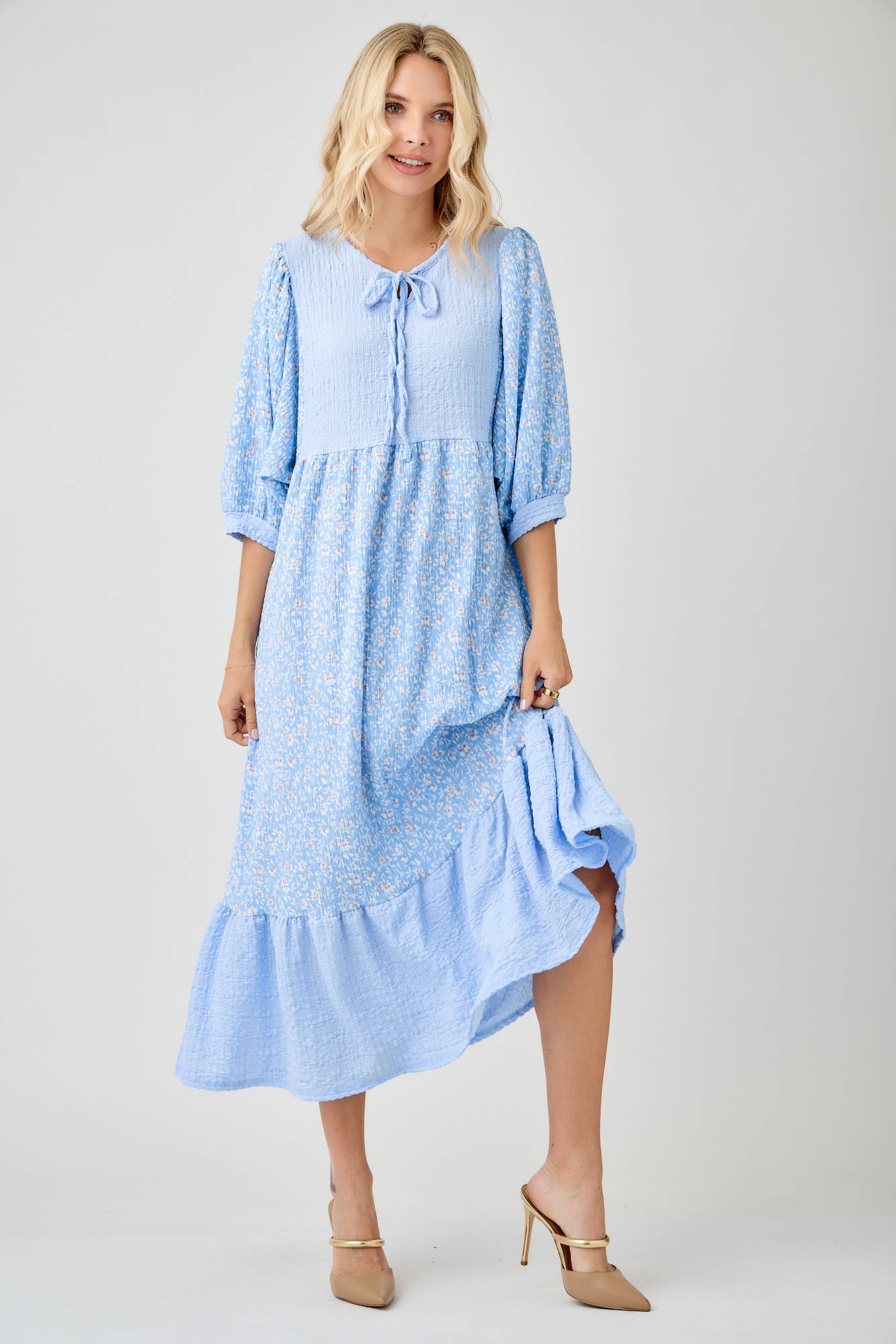 BLUE WOMEN'S FLORAL PRINT DRESSES WITH DOLMAN SLEEVES