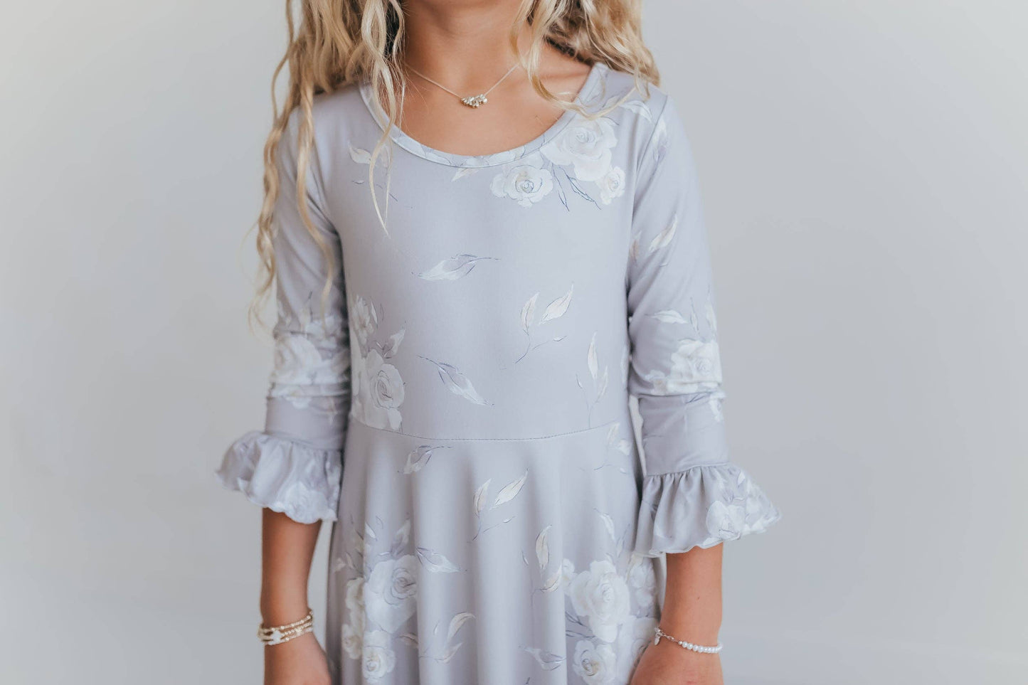 Girls Gray Rose Floral 3/4 Sleeve Ruffles Dress