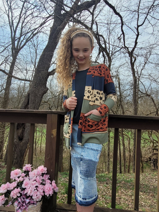 Girls Colorblock Leopard Cardi