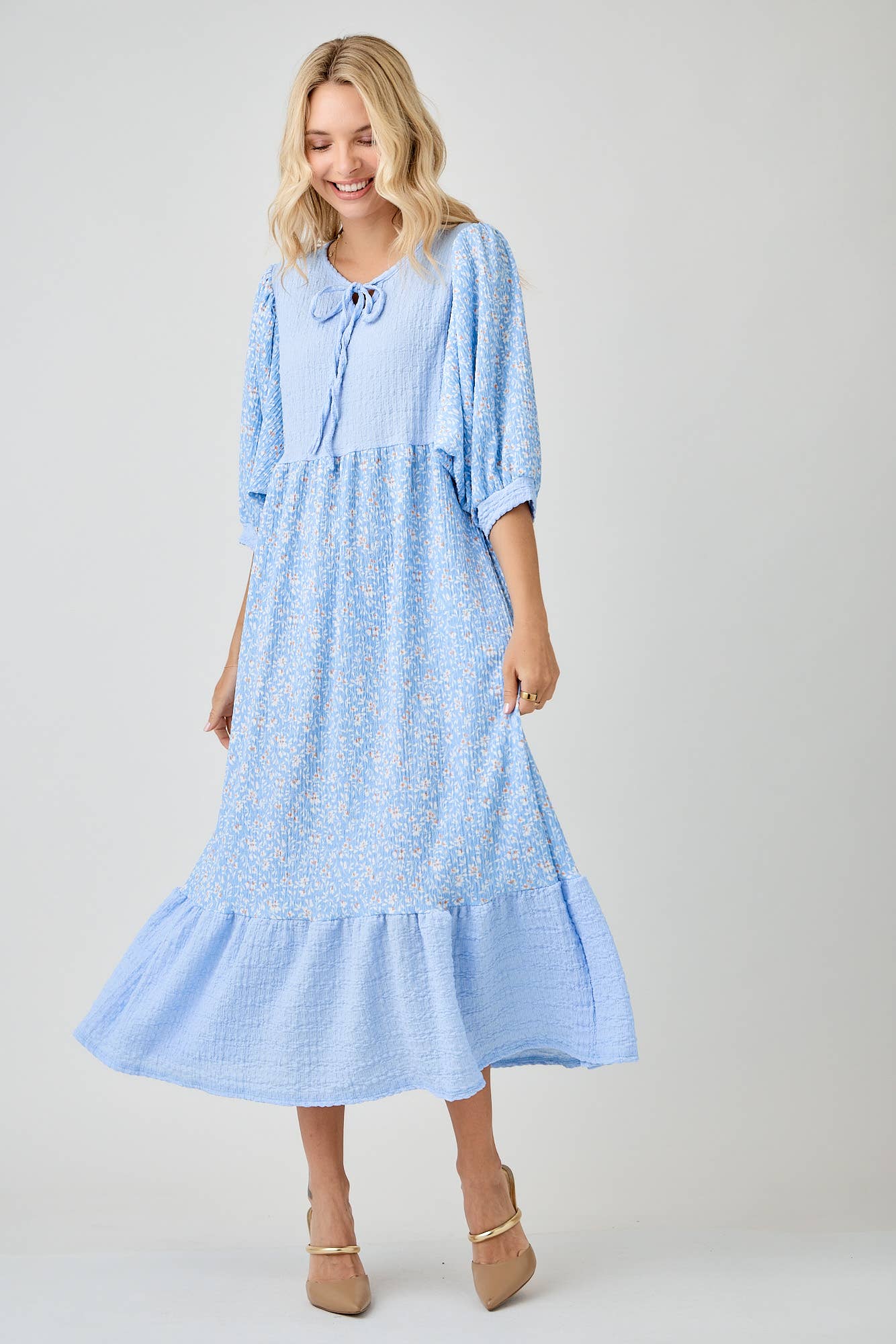 BLUE WOMEN'S FLORAL PRINT DRESSES WITH DOLMAN SLEEVES
