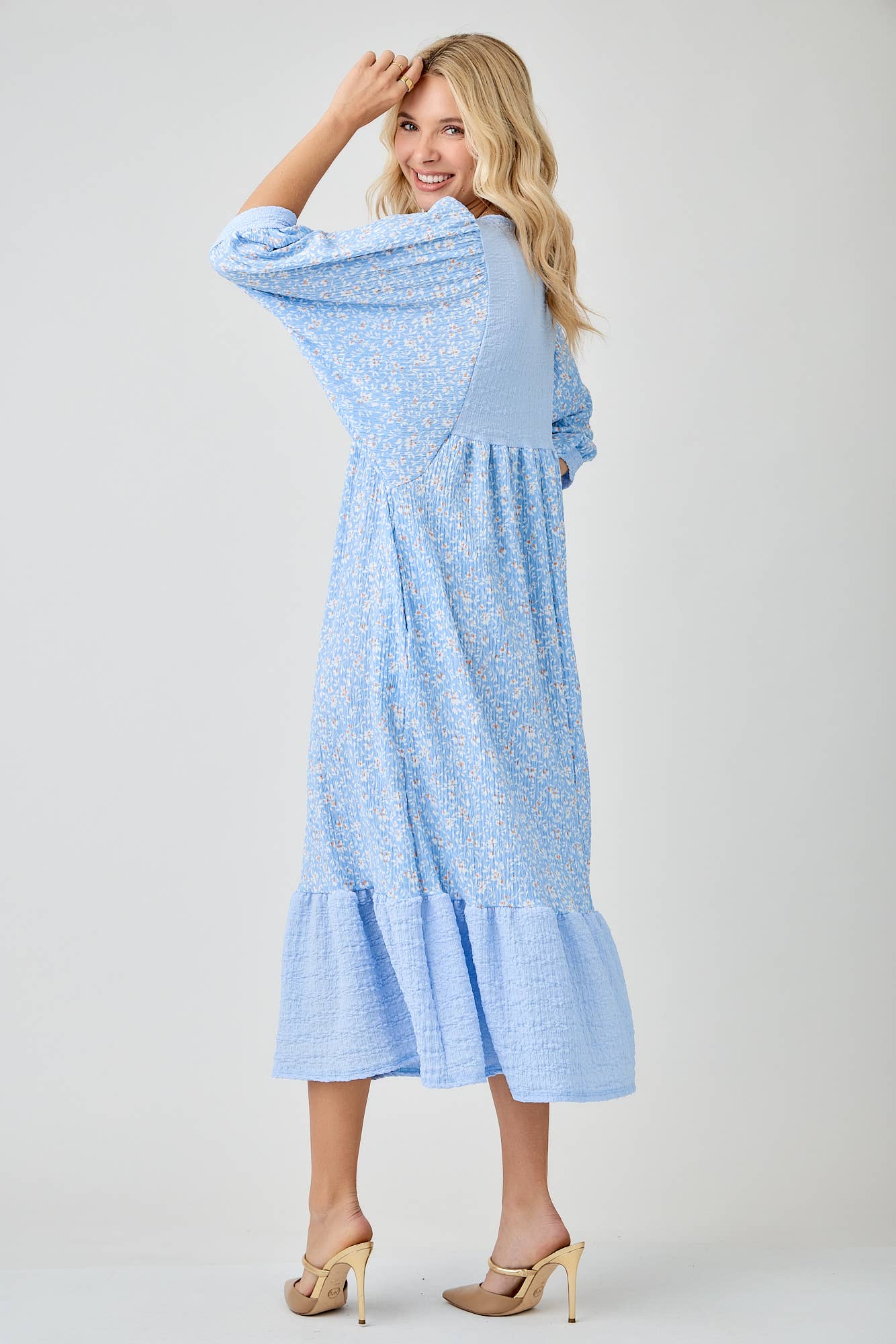 BLUE WOMEN'S FLORAL PRINT DRESSES WITH DOLMAN SLEEVES