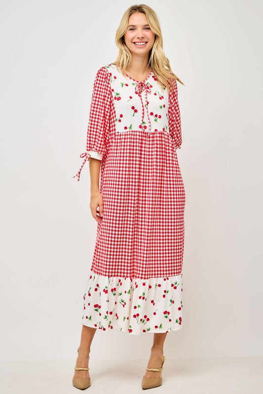 RED WOMEN'S PLUS SIZE GINGHAM CHERRY DRESS -DOLMAN SLEEVES: