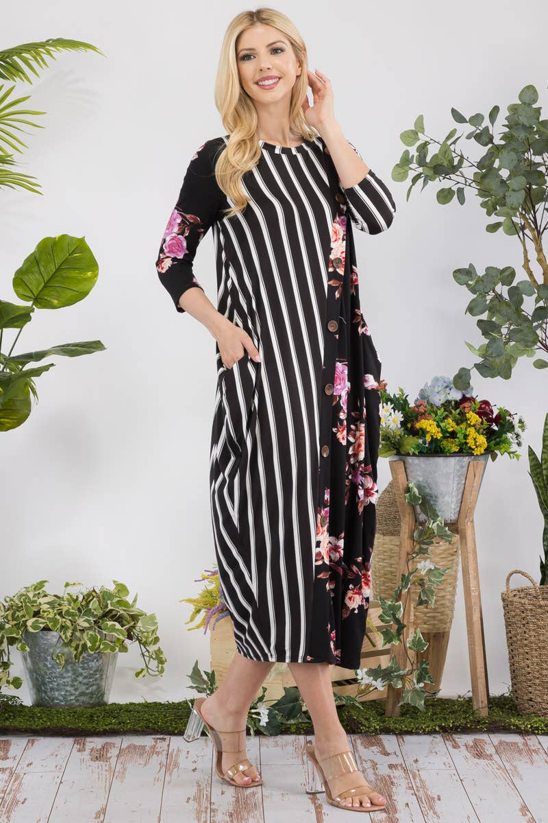 STRIPE FLORAL CONTRAST MIDI-DRESS WITH BUTTONS
