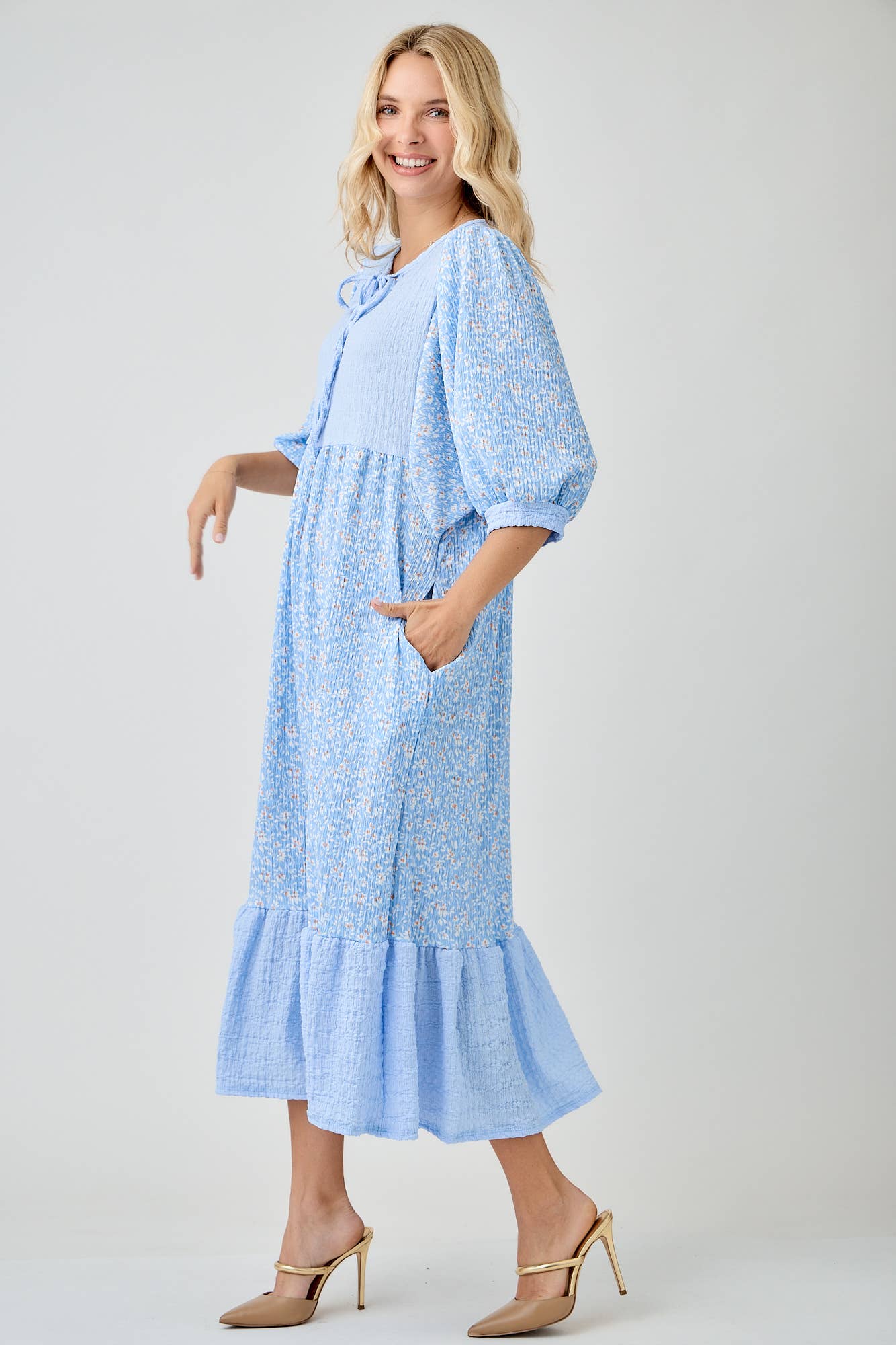 BLUE WOMEN'S FLORAL PRINT DRESSES WITH DOLMAN SLEEVES