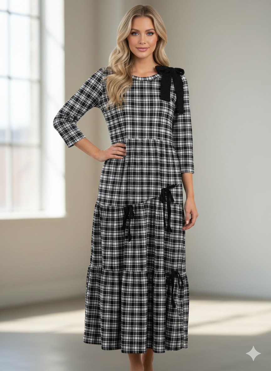Black Women's Modest Empire Tiered Midi Dress with Bow Accent