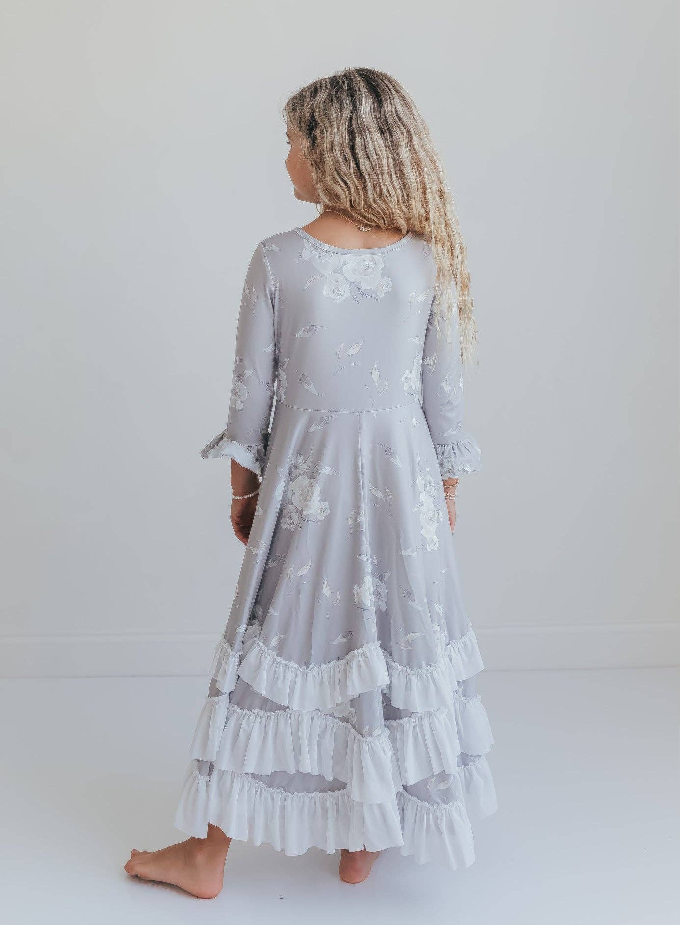 Girls Gray Rose Floral 3/4 Sleeve Ruffles Dress