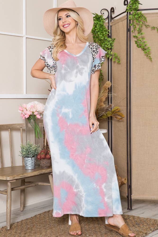 MAUVE TIE DYE MAXI DRESS WITH ANIMAL PRINT DETAIL