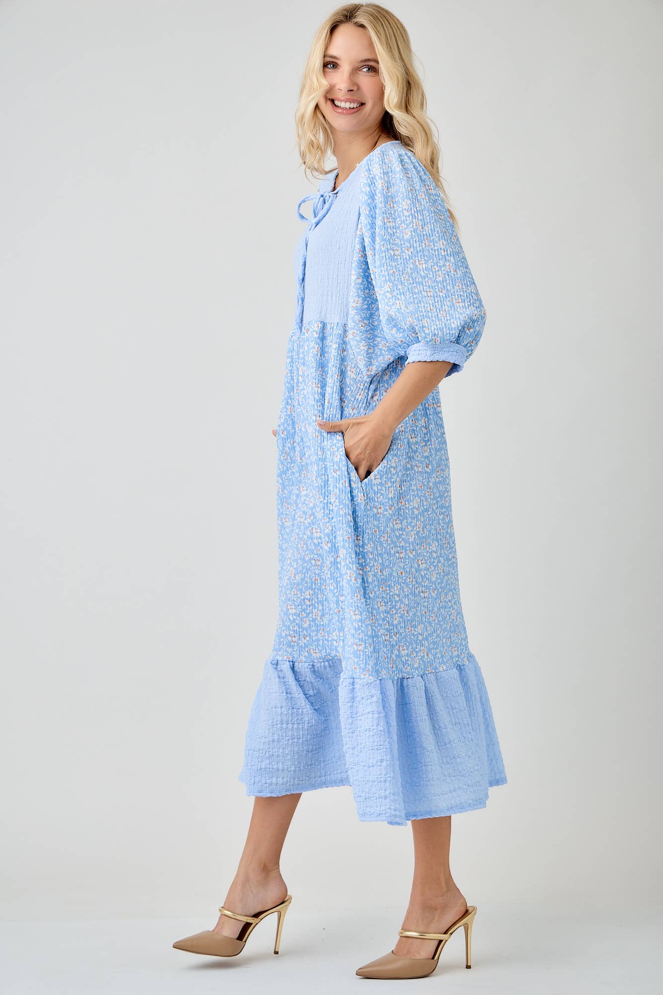 BLUE WOMEN'S FLORAL PRINT DRESSES WITH DOLMAN SLEEVES