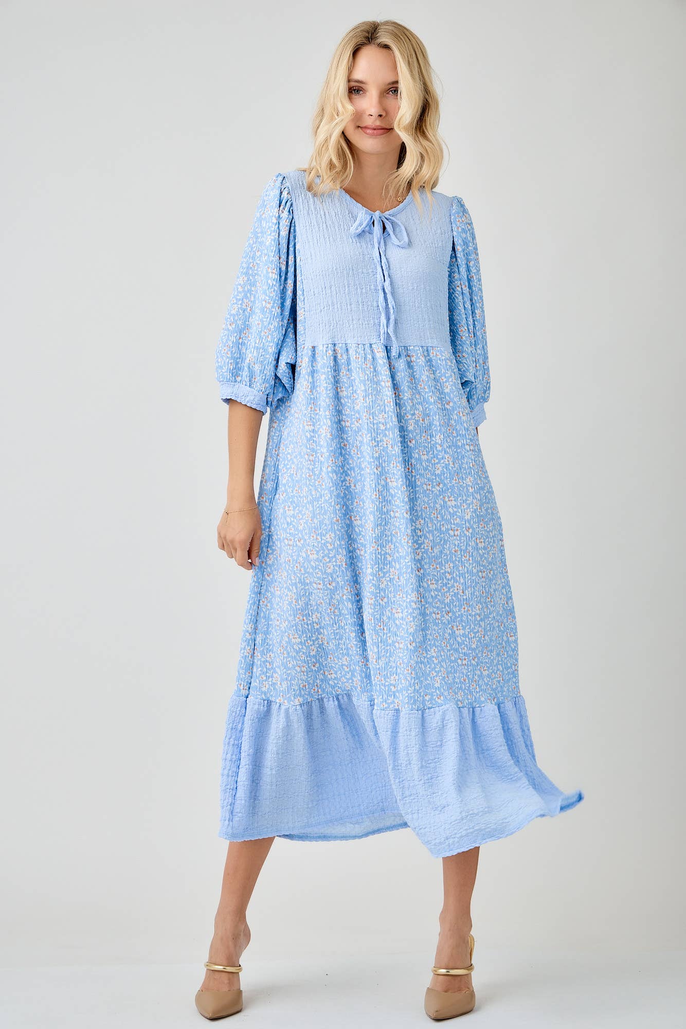 BLUE WOMEN'S FLORAL PRINT DRESSES WITH DOLMAN SLEEVES