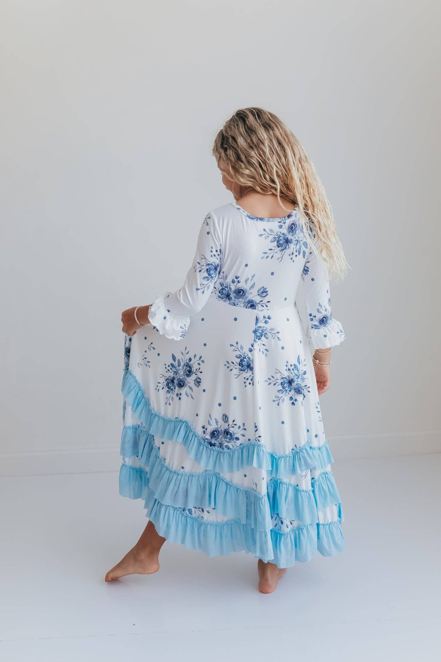 Girls Dusty Blue Floral 3/4 Sleeve Ruffles Dress