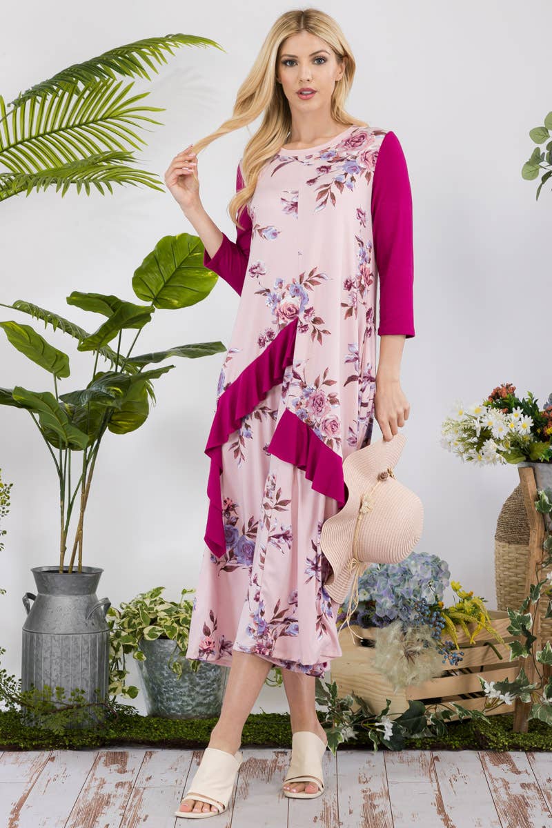MAUVE FLORAL CONTRAST MID-DRESS WITH RUFFLE DETAILS