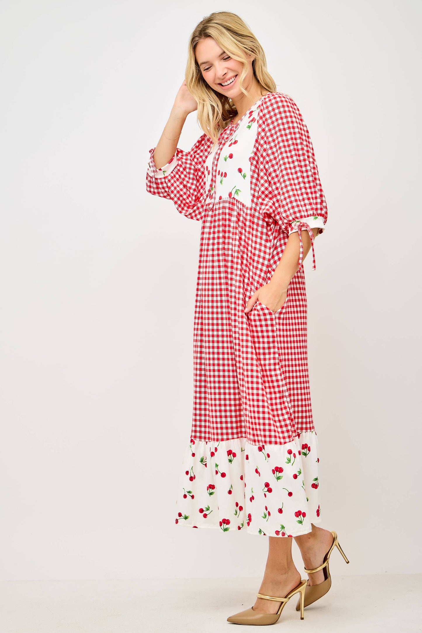 RED WOMEN'S PLUS SIZE GINGHAM CHERRY DRESS -DOLMAN SLEEVES: