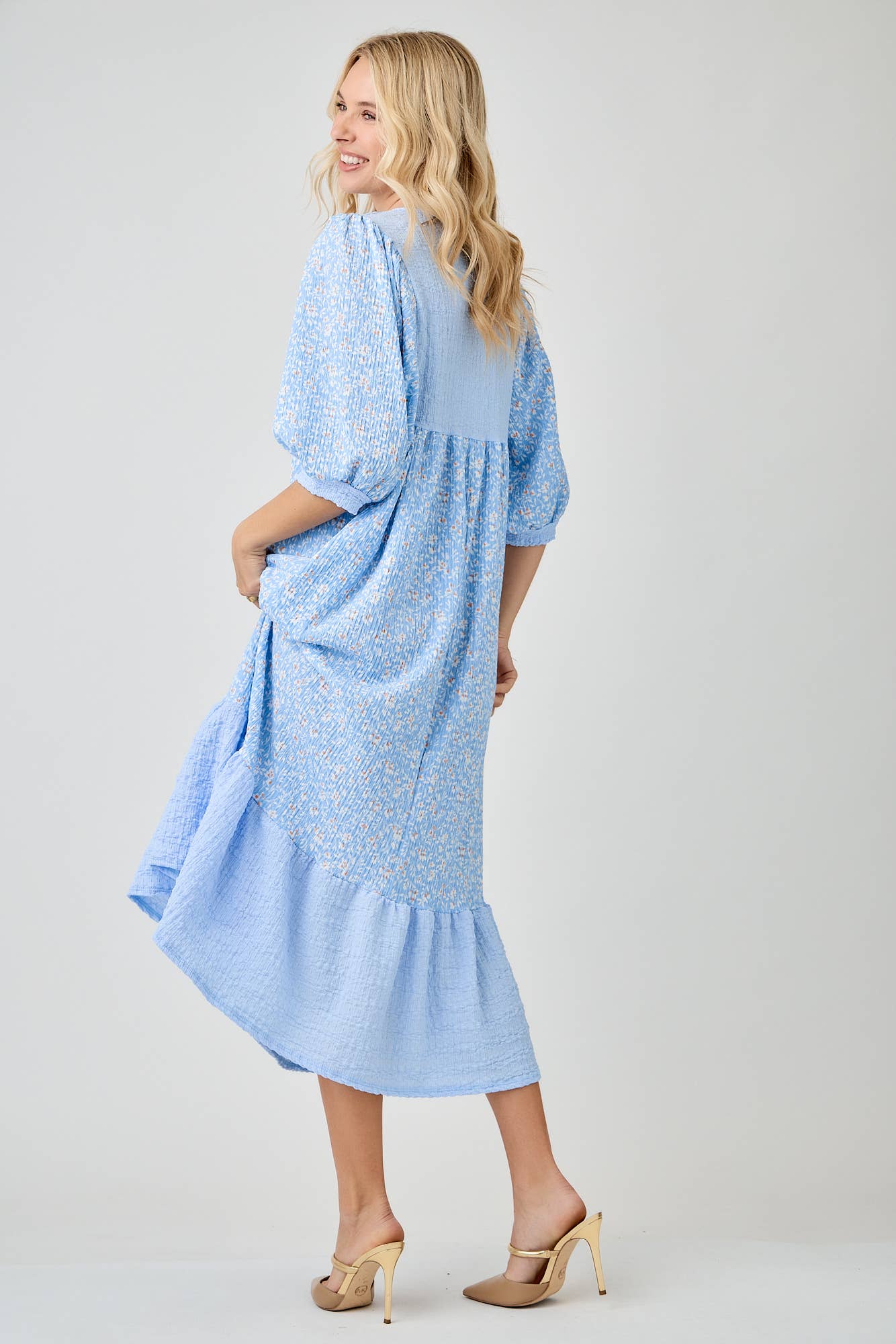 BLUE WOMEN'S FLORAL PRINT DRESSES WITH DOLMAN SLEEVES