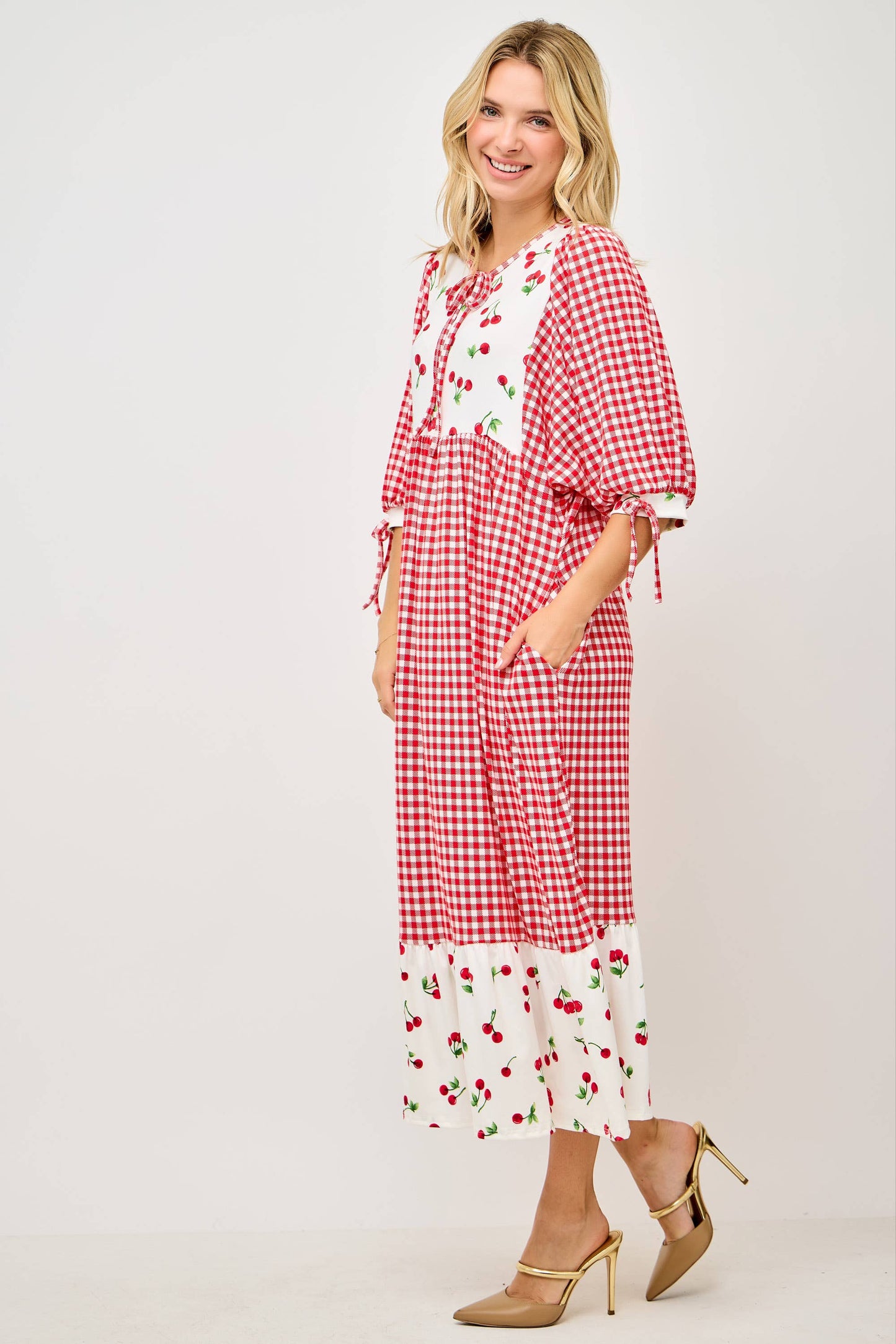 RED WOMEN'S PLUS SIZE GINGHAM CHERRY DRESS -DOLMAN SLEEVES: