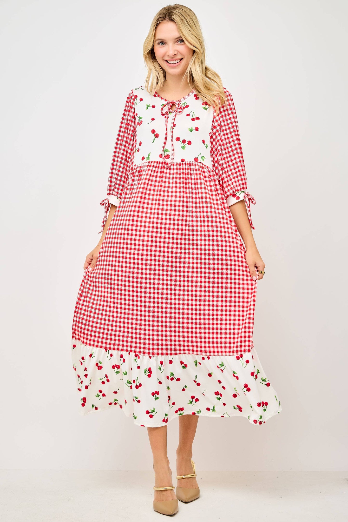 RED WOMEN'S PLUS SIZE GINGHAM CHERRY DRESS -DOLMAN SLEEVES: