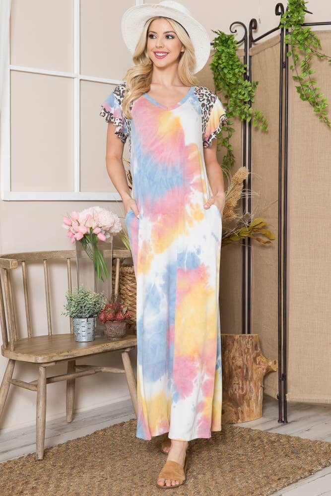 YELLOW TIE DYE MAXI DRESS WITH ANIMAL PRINT DETAIL