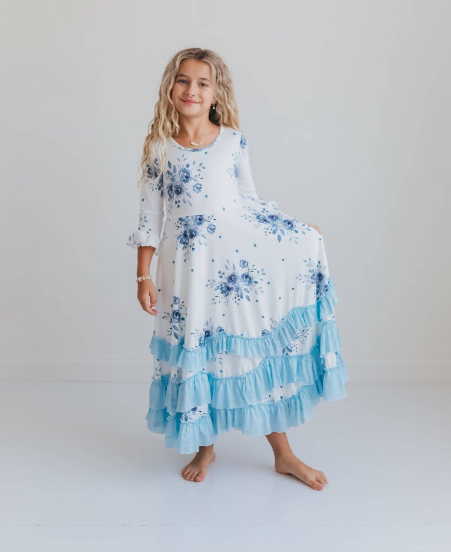 Girls Dusty Blue Floral 3/4 Sleeve Ruffles Dress