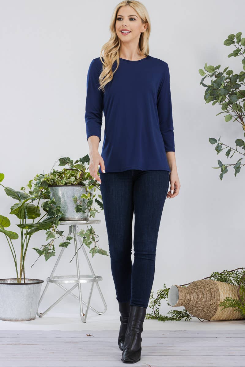 NAVY WRINKLE FREE LAYERING TOP WITH 3/4 SLEEVES