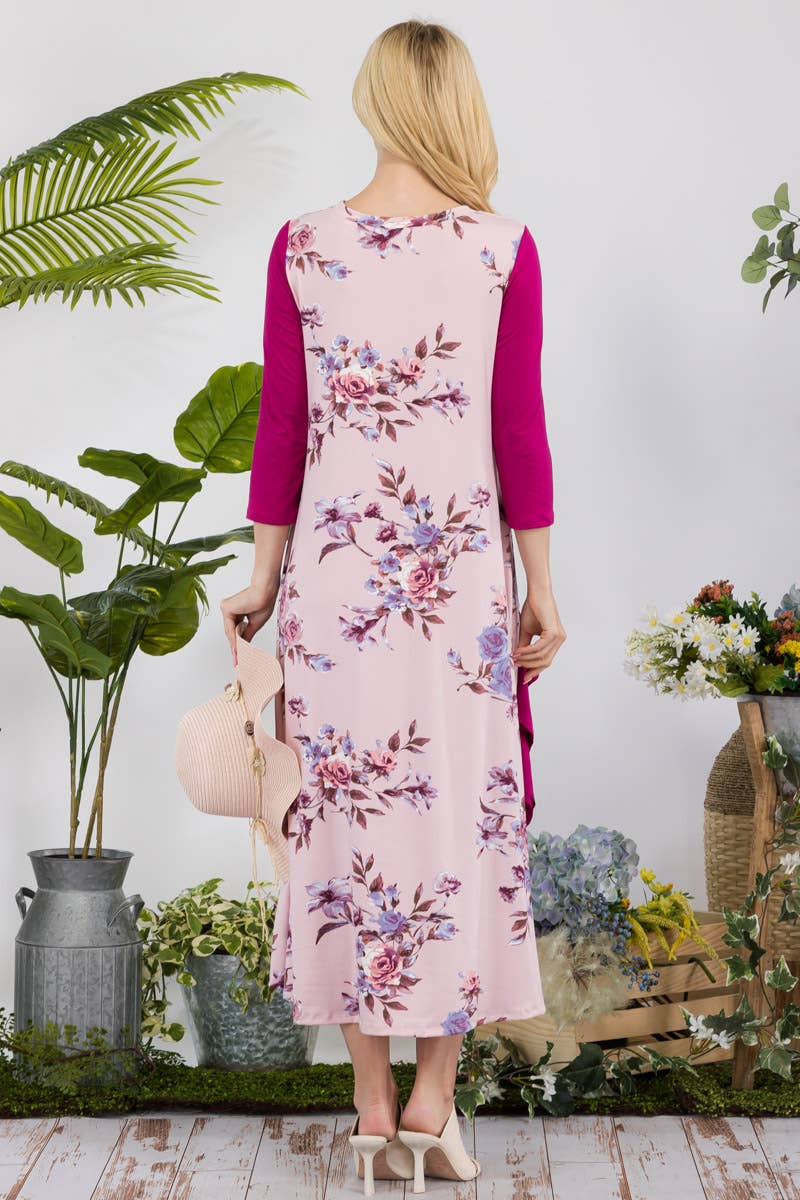 MAUVE FLORAL CONTRAST MID-DRESS WITH RUFFLE DETAILS