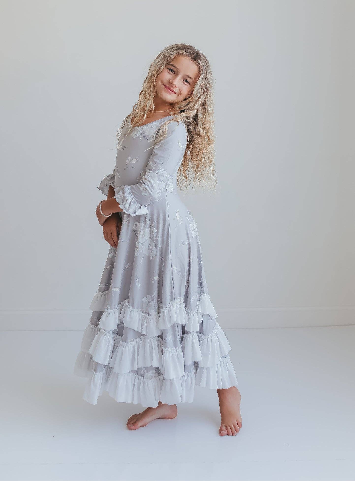 Girls Gray Rose Floral 3/4 Sleeve Ruffles Dress