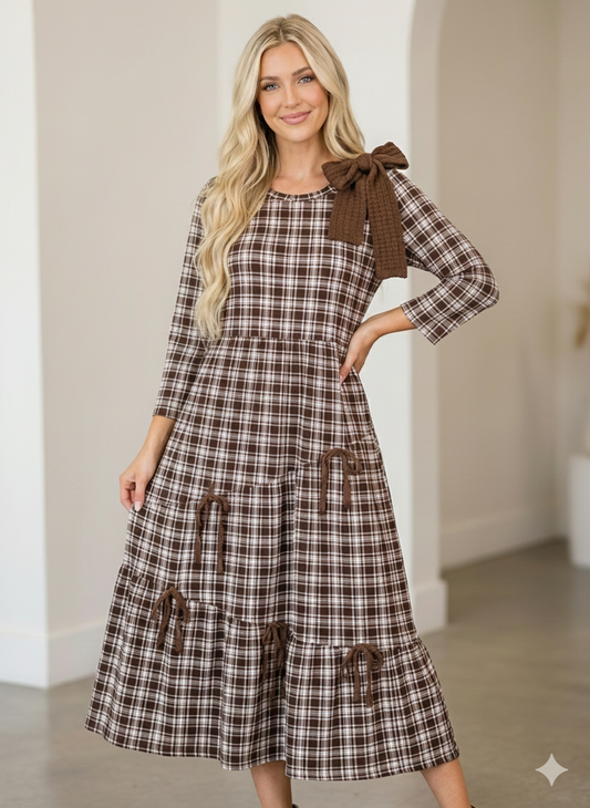 Women's Brown Empire Tiered Midi Dress with Bow Accent