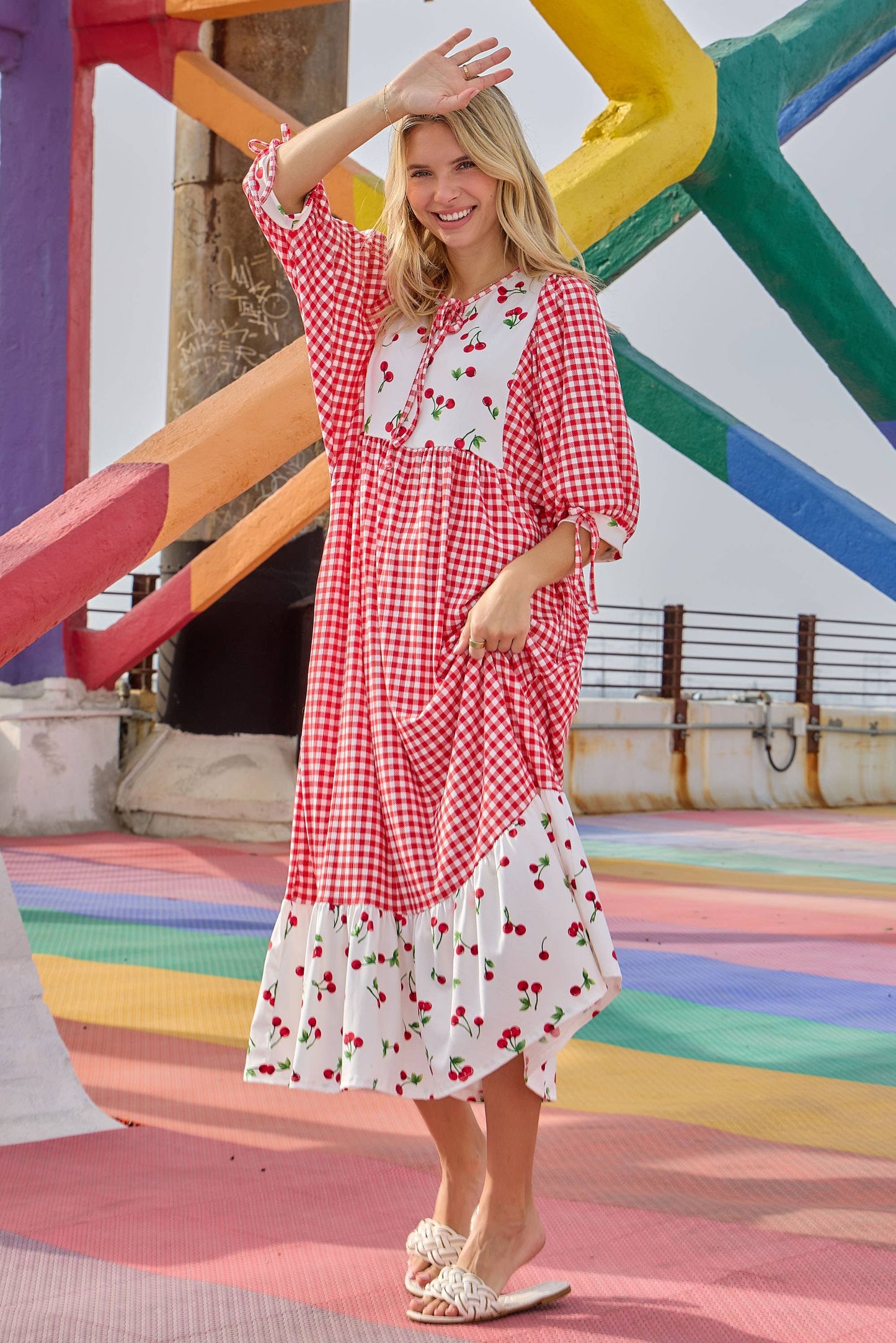 RED WOMEN'S PLUS SIZE GINGHAM CHERRY DRESS -DOLMAN SLEEVES: