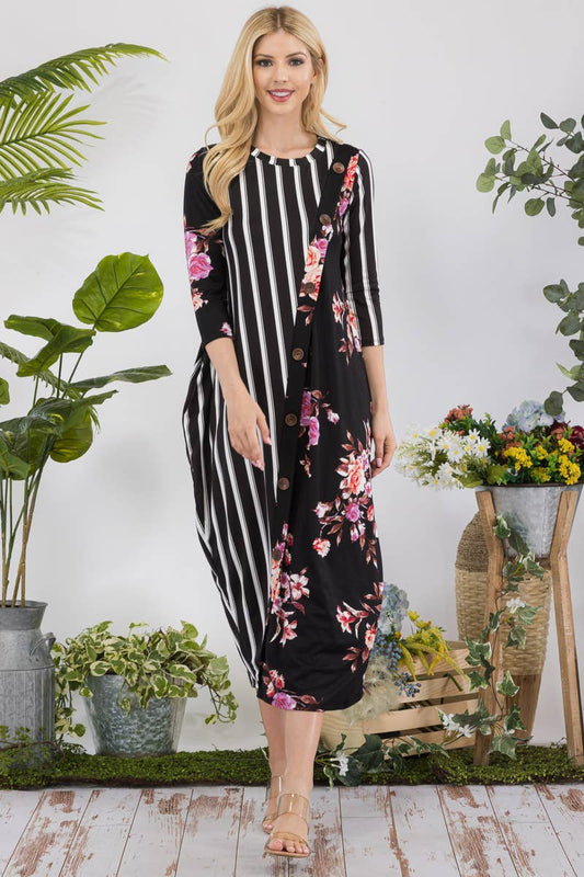 STRIPE FLORAL CONTRAST MIDI-DRESS WITH BUTTONS