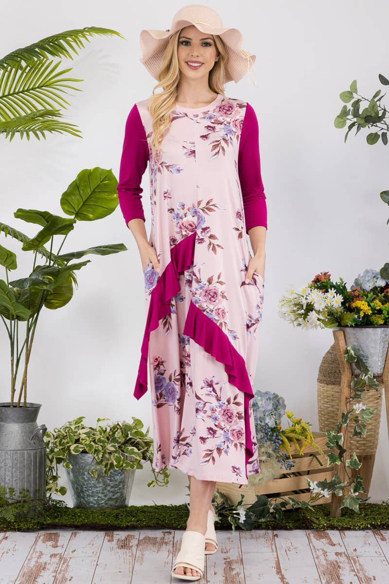 MAUVE FLORAL CONTRAST MID-DRESS WITH RUFFLE DETAILS