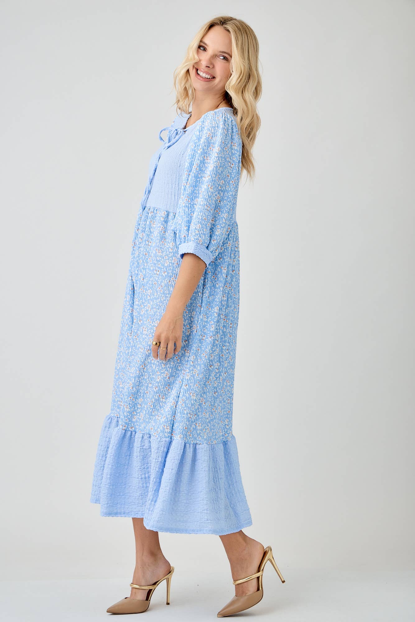 BLUE WOMEN'S FLORAL PRINT DRESSES WITH DOLMAN SLEEVES