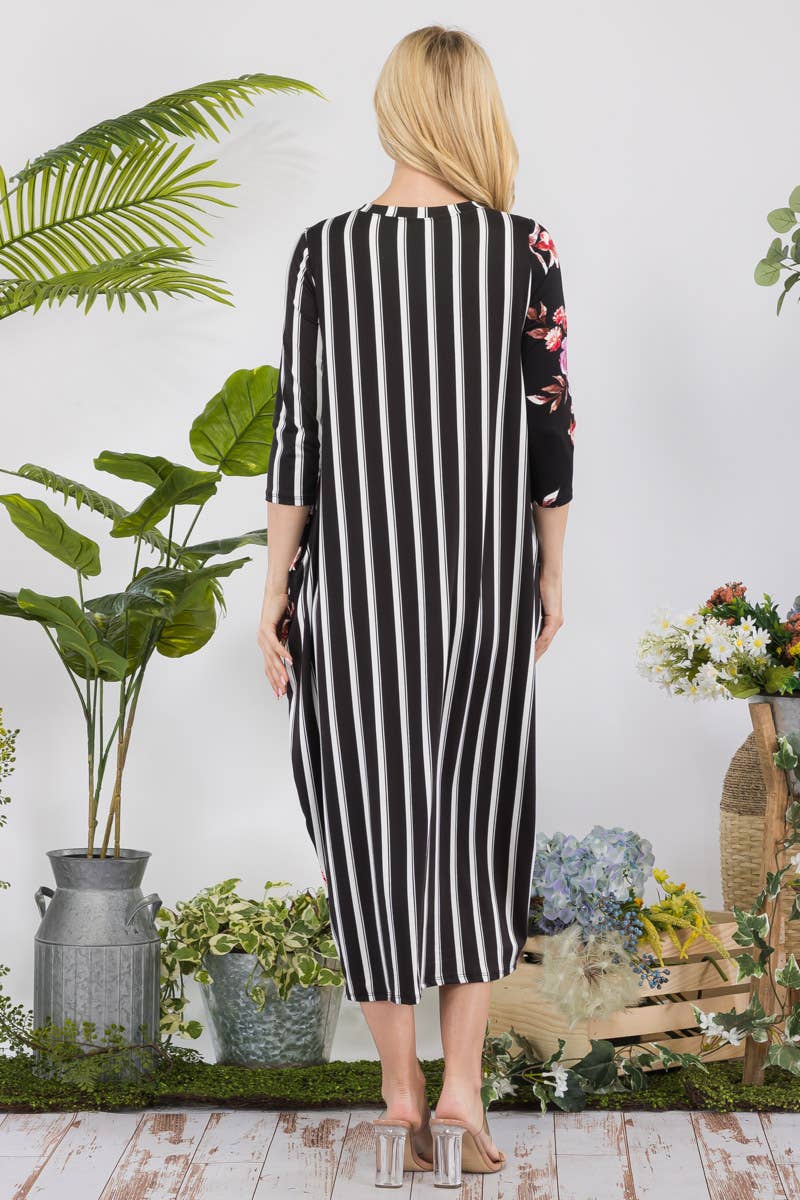 STRIPE FLORAL CONTRAST MIDI-DRESS WITH BUTTONS