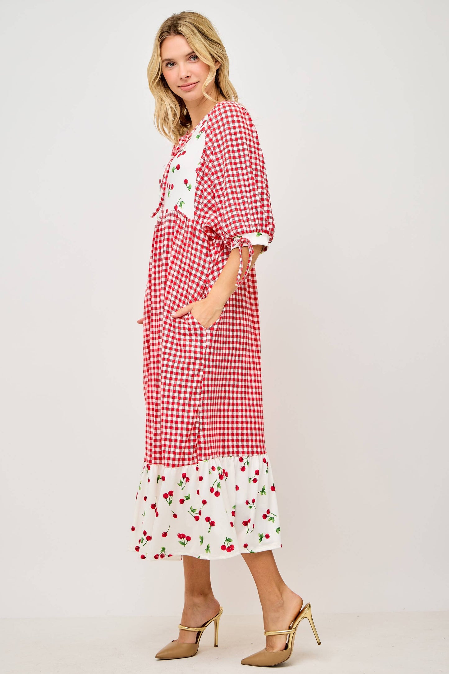 RED WOMEN'S PLUS SIZE GINGHAM CHERRY DRESS -DOLMAN SLEEVES: