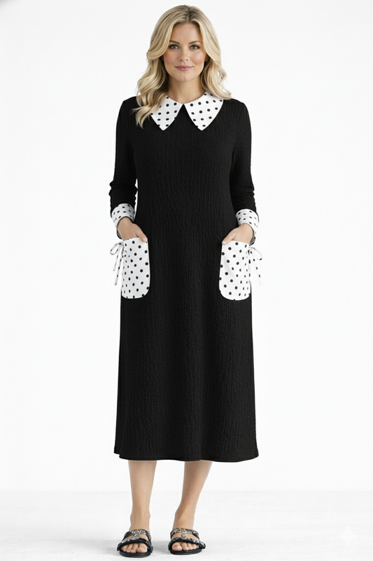 Black Women's Modest Midi Dress with Polka Dot Contrast Collar