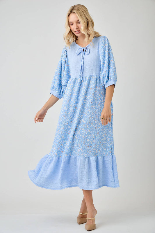 BLUE WOMEN'S FLORAL PRINT DRESSES WITH DOLMAN SLEEVES