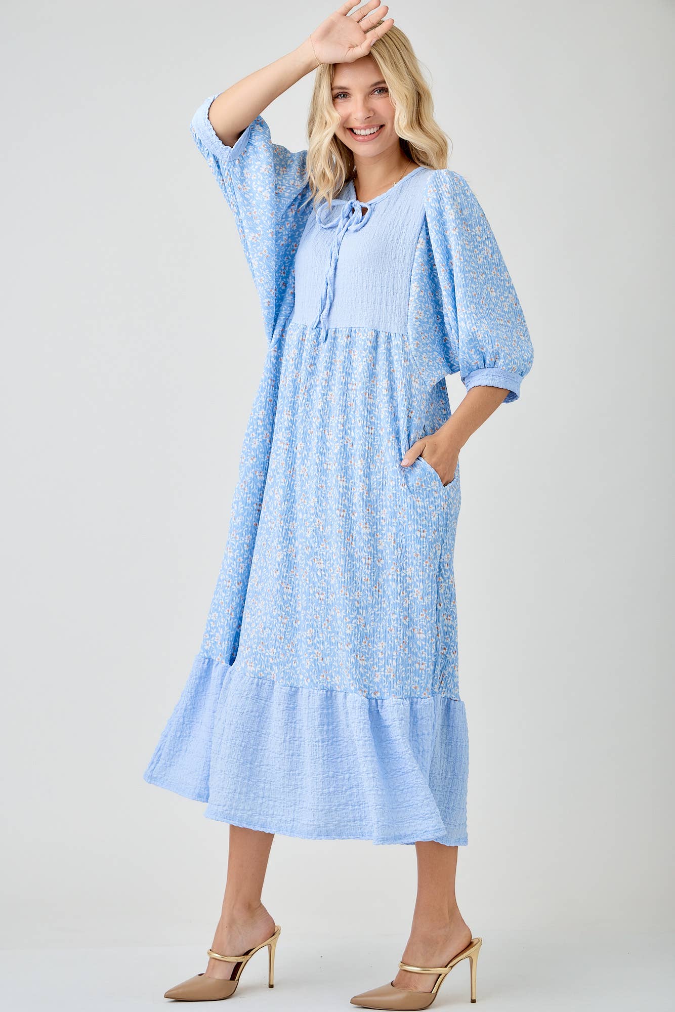 BLUE WOMEN'S FLORAL PRINT DRESSES WITH DOLMAN SLEEVES