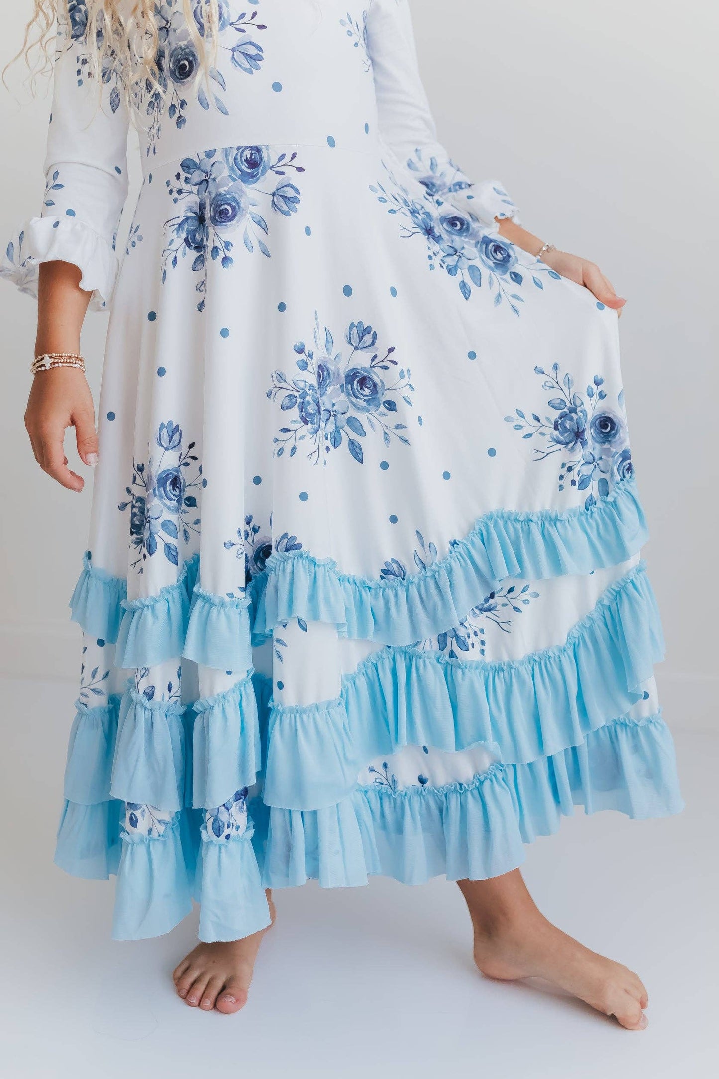 Girls Dusty Blue Floral 3/4 Sleeve Ruffles Dress