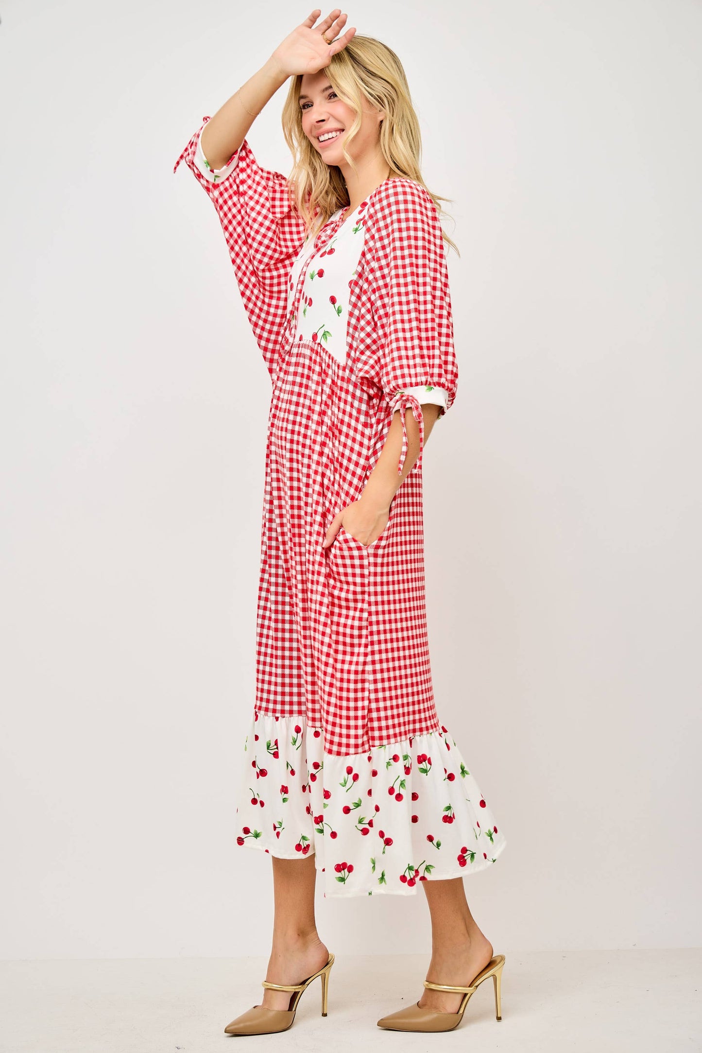 RED WOMEN'S PLUS SIZE GINGHAM CHERRY DRESS -DOLMAN SLEEVES: