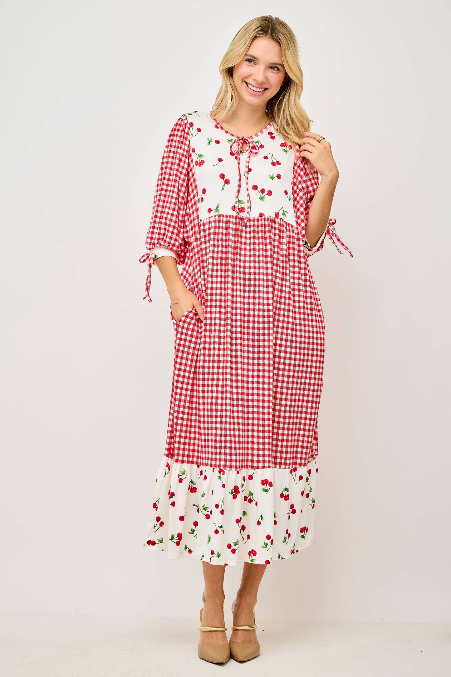 RED WOMEN'S PLUS SIZE GINGHAM CHERRY DRESS -DOLMAN SLEEVES: