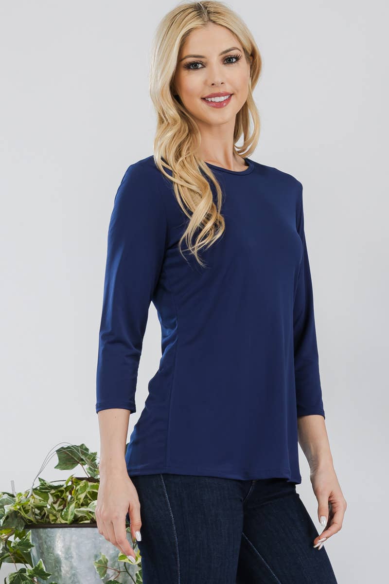 NAVY WRINKLE FREE LAYERING TOP WITH 3/4 SLEEVES