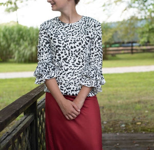 Black & White Animal Print Ruffle Sleeve Top