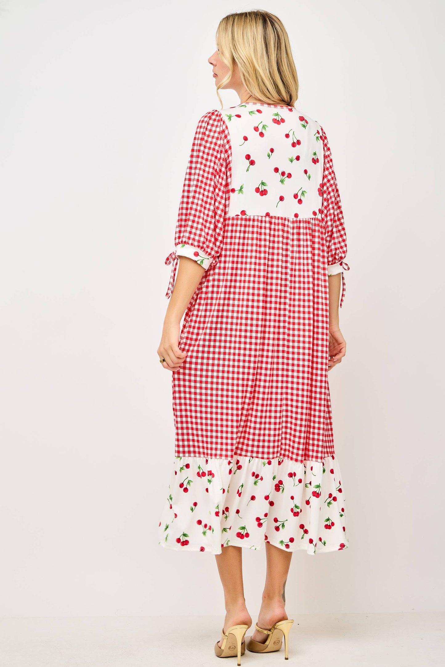 RED WOMEN'S PLUS SIZE GINGHAM CHERRY DRESS -DOLMAN SLEEVES: